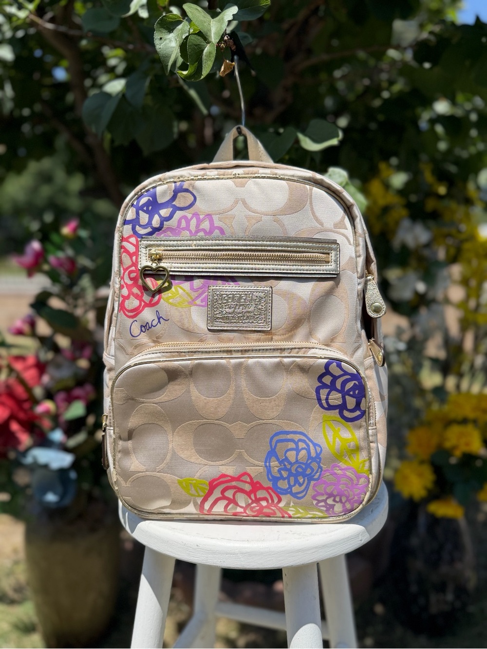 Coach Beige Signature Floral Small Backpack